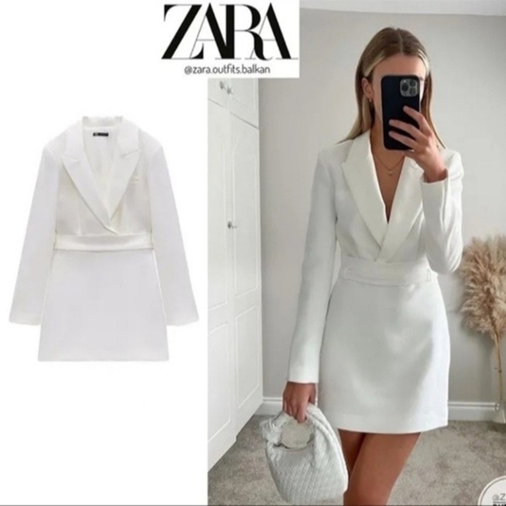 Zara White Blazer Dress Size S Small Long Sleeve Belted Lapel Mini Dress Career